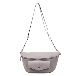 Chic lavender pebble grain waist bag with silver hardware on white background