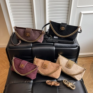 Women Crossbody Bag Quilted Rhombic Frosted Suede PU Leather With Gold Chain Strap And Adjustable Shoulder Band Retro