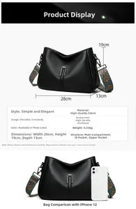 Detailed view of black pebbled leather crossbody bag size and dimensions comparison