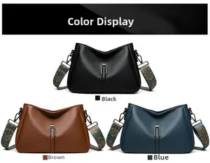 Three leather crossbody bags in black, brown and blue with patterned wide shoulder straps