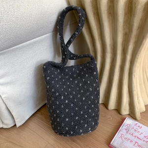 Deep grey plush fleece tote bag with white polka dots for autumn winter outfits