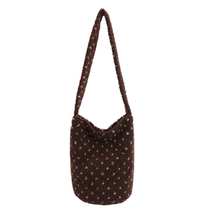 Brown plush tote bag with white polka dots and long shoulder straps for autumn