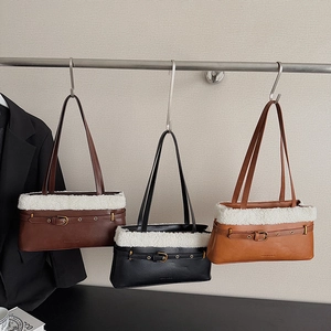 Sac Baguette En Cuir PU Épissé Laine D'agneau Vintage Boucle Métallique Sac À Épaule Pour Femmes Mode Hiver Polyvalent