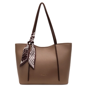 Minimalist large khaki tote bag with litchi grain leather and decorative silk scarf