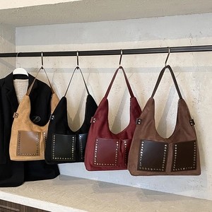 Vintage suede hobo bags with rivet pockets in brown, black, burgundy, and coffee colors