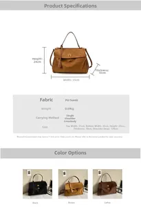 Detailed size chart for large suede tote bag with dimensions and technical material specs