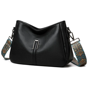 2025 Large black pebbled leather tote bag with colorful ethnic print wide shoulder strap