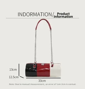 Detailed size specifications of a tricolor cylinder bag with silver metal chain strap