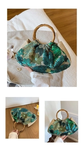 Detail of embroidered floral sequins and bamboo handle on a vintage linen tote bag