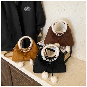 Women Suede Handbag Spliced Lamb Wool Contrast Color Drawstring Pom Pom Crossbody Bag Autumn Winter Chic