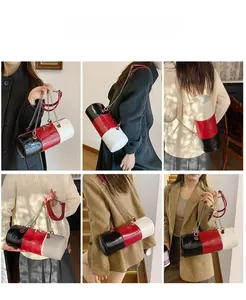 Three-color cylindrical leather crossbody bag with metal chain strap and pill shape design