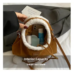 Interior detail of plush sherpa bucket bag showing large capacity for daily essentials