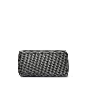 Detailed macro view of gray woven rectangle pillow bag texture with zipper top closure