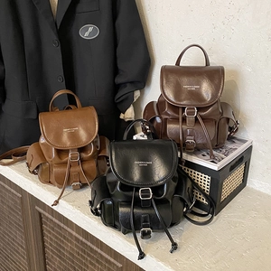 Women Retro PU Leather Backpack Multi-Pocket Flap Drawstring Rucksack British Academy Style Urban Simple School Bag