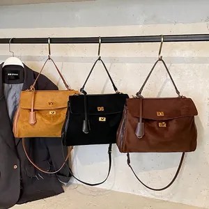 Women Shoulder Bag Suede PU Leather Large Capacity Retro Commute Style Flap Handbag With Double Gold Lock