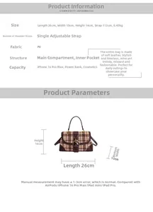 Detailed size chart for retro plaid handbag showing dimensions 26x10x14cm and internal structure