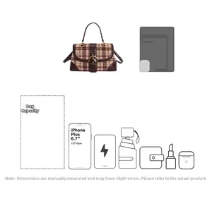 Detail view of large capacity vintage plaid handbag with icon chart showing interior space