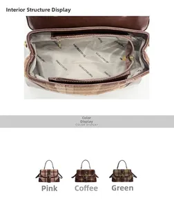 Detail view of large plaid tote bag interior layout and three color options