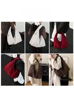 Detailed views of corduroy hobo bag in cream, burgundy, and brown showing capacity and fit