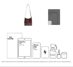 Guide de capacité visuelle montrant l'espace pour iPad Pro et iPhone dans le sac seau marron