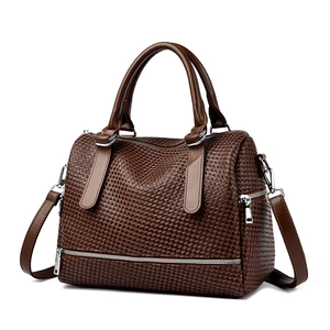 Brown woven texture Boston bag with dual handles and detachable shoulder strap
