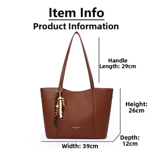 Brown leather tote bag size guide with 39cm width and 26cm height dimensions