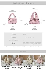 Size chart showing small and large sequin feather handbags with chain strap dimensions
