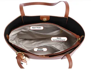 Interior layout of brown leather tote showing zipper pocket and magnetic closure detail