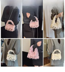 Detailed views of fuzzy faux fur evening bag with sequins and metallic chain straps