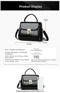 Detailed size specifications of the elegant black handbag with dimensions and pocket layout
