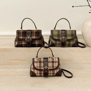 Vintage Plaid Handbag Retro British Style PU Leather Fabric Patchwork Crossbody Shoulder Bag For Women Large Capacity