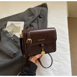 Detail of dark brown leather crossbody bag with gold hardware and circular pendant accent