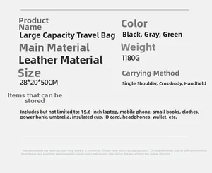 Size guide for large travel bag showing 28x20x50 cm dimensions and storage capacity