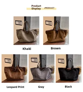 Detailed grid view of leopard print and solid canvas tote bags in five versatile colors
