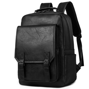 Minimalist black leather commuter backpack with large capacity and buckle front pocket