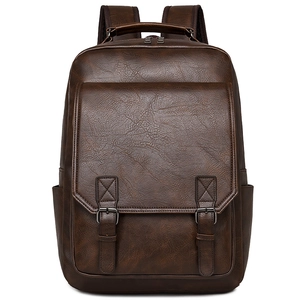 Minimalist large-capacity dark brown faux leather commute backpack with front flap buckles