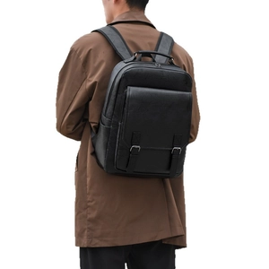 Men's black textured PU leather backpack with large front buckle pocket for daily commute