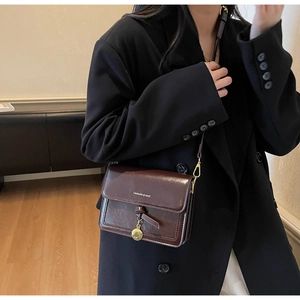 Detail of retro brown crossbody bag with gold pendant and Fashion & Bag lettering