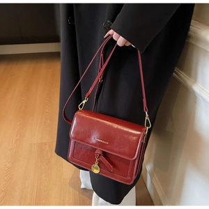 Detail of burgundy leather shoulder bag with polished metallic charm and knotted strap