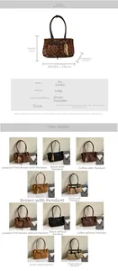 Size chart showing dimensions and PU suede color options for the large vintage tote bag