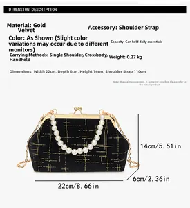 Detailed size chart of velvet quilted shell bag with pearl handle and golden chain