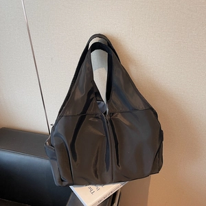 Minimalist black large capacity hobo shoulder bag in satin nylon for women daily commuting