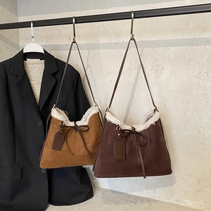 Retro Schultertasche Und Beutel Damen Kunstwildleder Mit Lammfellbesatz Große Kapazität Lässige Tragetasche Schleife Winter Mode