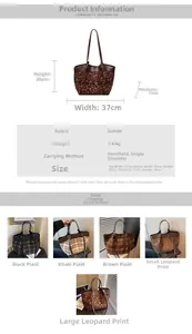 Detailed size specifications for leopard and plaid suede tote bag showing dimensions