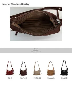 Detail of suede crossbody bag showing interior zipper pocket and stylish tassel fringe