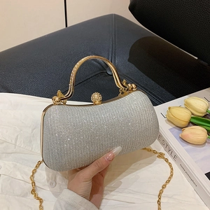 Elegant silver sequin evening clutch with gold metal handle and chain strap for women