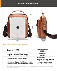 Vertical brown PU leather messenger bag showing dimensions and iPad size comparison