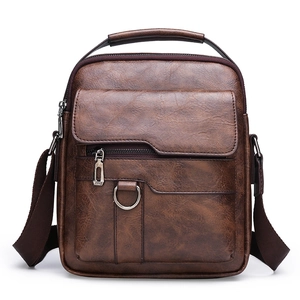Vintage brown leather crossbody messenger bag for men with handle and strap