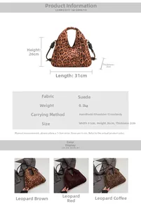 Detailed size chart and specifications of the lightweight leopard print suede tote bag