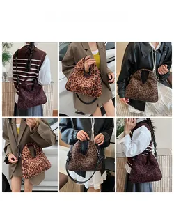 Vintage leopard print tote bag styled with various outfits in a 6-grid fashion view